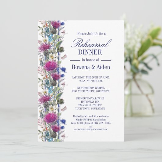 Scottish Thistle Floral Wedding Probe Dinner Einladung (Stehend Vorderseite)