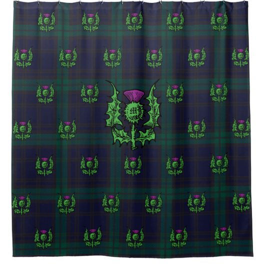 Scottish Thistle on Dark Tartan Custom Monogram Duschvorhang (Vorderseite)