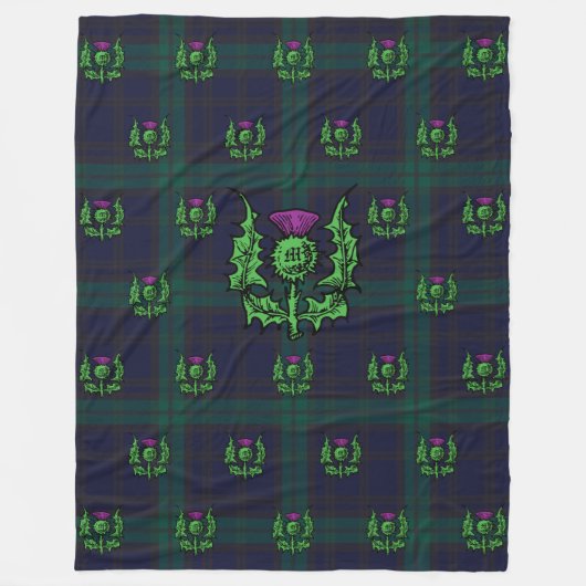 Scottish Thistle on Dark Tartan Custom Monogram Fleecedecke (Vorderseite)