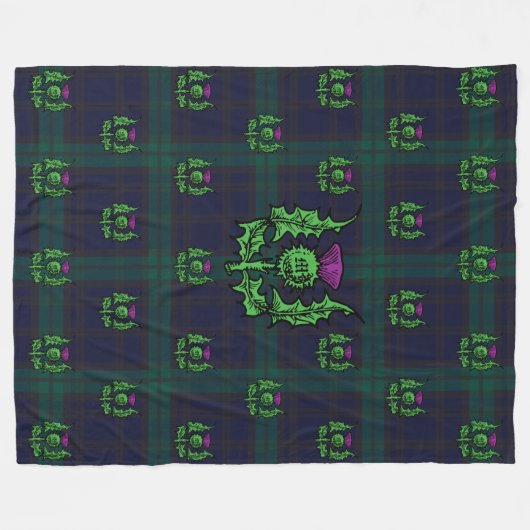 Scottish Thistle on Dark Tartan Custom Monogram Fleecedecke (Vorderseite (Horizontal))