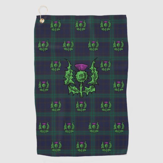Scottish Thistle on Dark Tartan Custom Monogram Golfhandtuch (Vorderseite)
