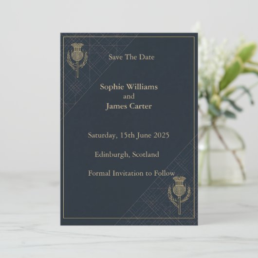 Scottish Thistle & Tartan Wedding Save The Date (Stehend Vorderseite)
