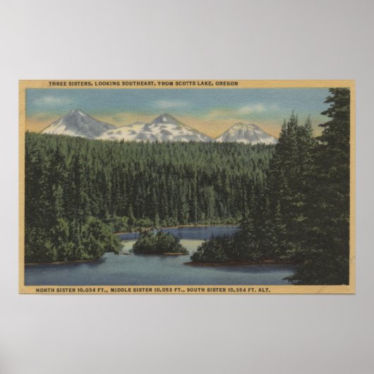 Scotts Lake, Oregon - Aussicht auf drei Schwestern Poster (Vorne)