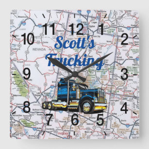 Scott's Trucking Road Map Square Wall Clock Quadratische Wanduhr