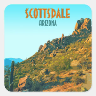 Scottsdale Arizona Kaktus und Berg Vintage Quadratischer Aufkleber