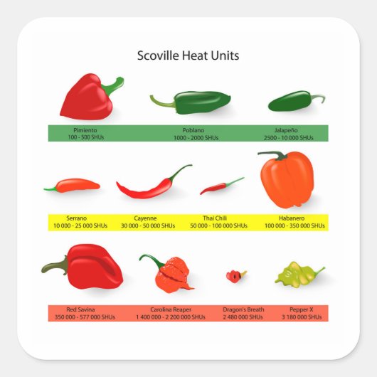 Scoville Heat Units Chili Pepper Chart Quadratischer Aufkleber (Vorderseite)