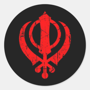 Scratched Red Sikh Khanda Symbol auf schwarz Runder Aufkleber