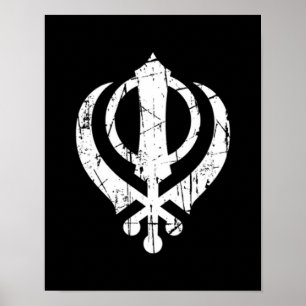 Scratched White Sikh Khanda Symbol auf schwarz Poster