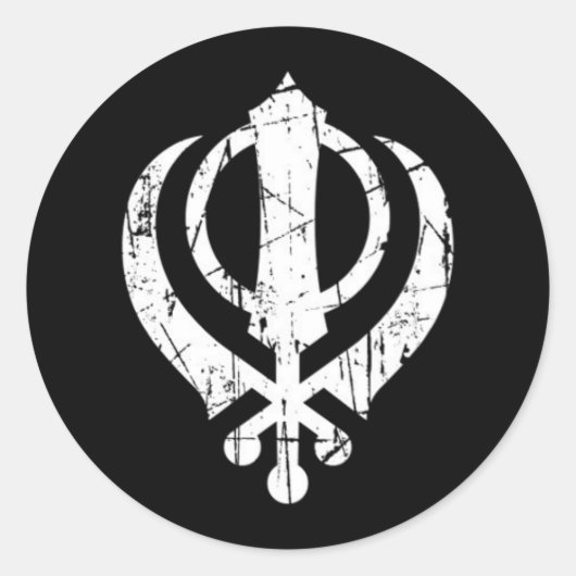 Scratched White Sikh Khanda Symbol auf schwarz Runder Aufkleber (Vorderseite)