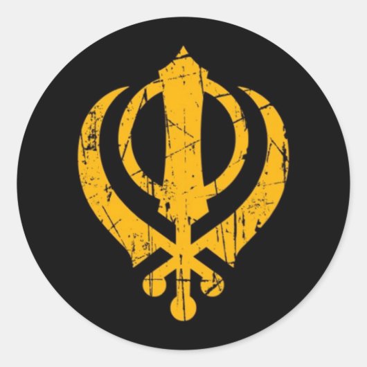 Scratched Yellow Sikh Khanda Symbol auf schwarz Runder Aufkleber (Vorderseite)