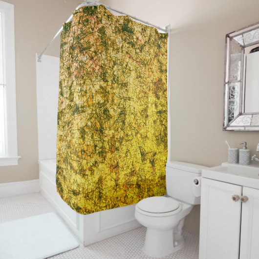 Scratches auf einem leicht gepunkteten ochgelben B Duschvorhang (Beispiel)