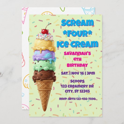 Scream FOUR Ice Cream, 4th Birthday Einladung (Vorne/Hinten)