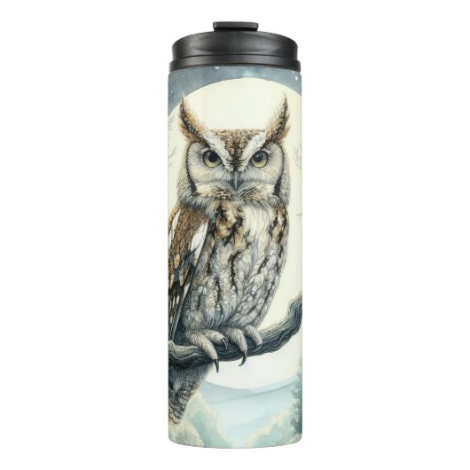 Screening Owl Wasserfarbe Kunst Thermosbecher (Vorderseite)