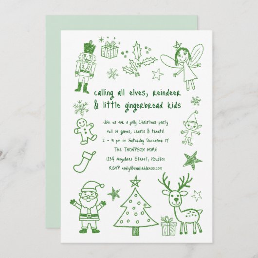Scribbble Art Glitzer Green Kids Weihnachts-Party Einladung (Vorne/Hinten)