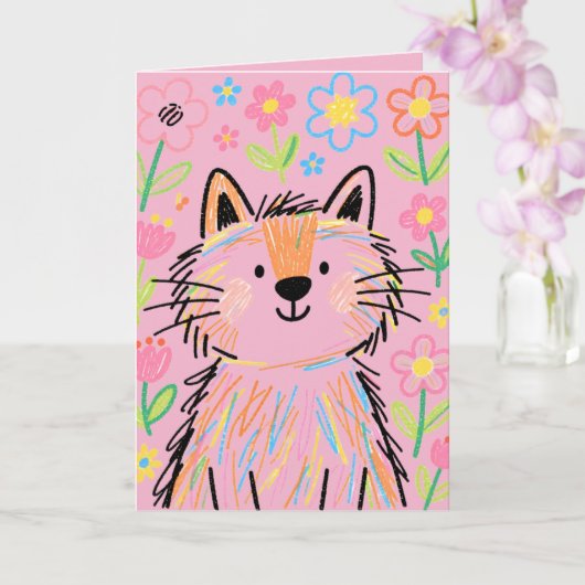 Scribble Cat Grußkarte Pink Karte (Orchidee)