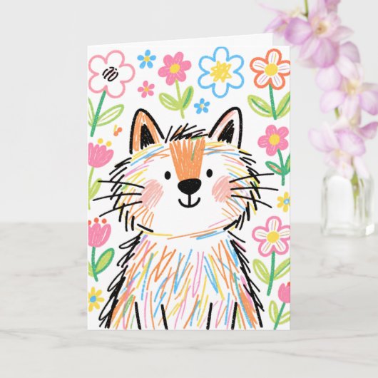 Scribble Cat Grußkarte Weiß Karte (Orchidee)