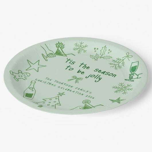 Scribble Doodles Glitter Green Christmas Party Pappteller (Schrägansicht)