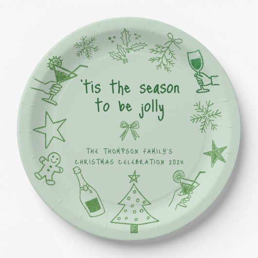 Scribble Doodles Glitter Green Christmas Party Pappteller (Vorderseite)