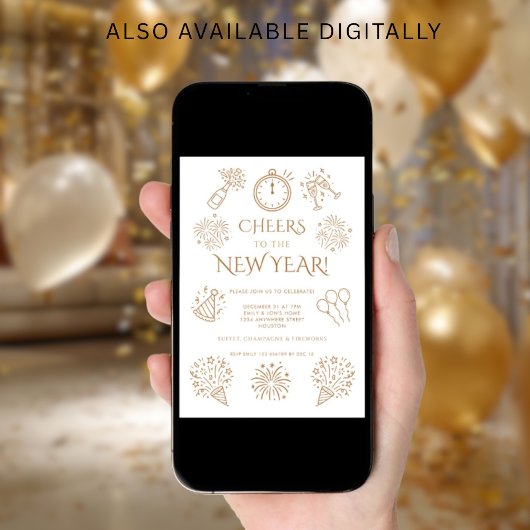 Scribble Doodles Gold Cheers to New Year Party Einladung