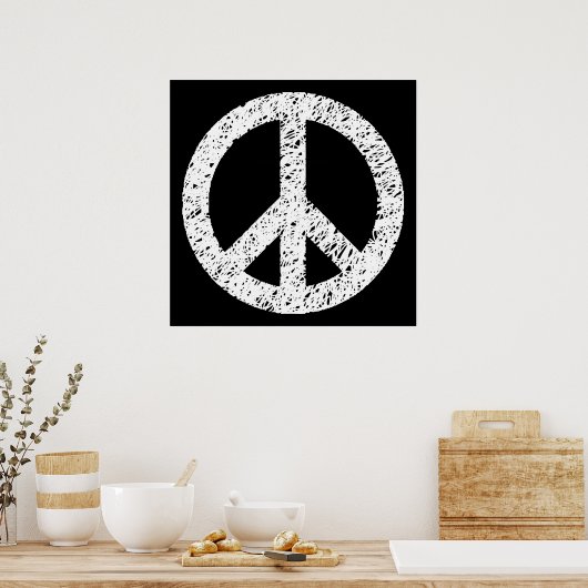 Scribble Stenciled Peace Symbol - White on Black Poster (Küche)