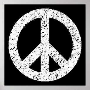 Scribble Stenciled Peace Symbol - White on Black Poster