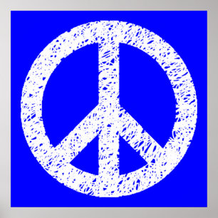 Scribble Stenciled Peace Symbol - White on Blue Poster