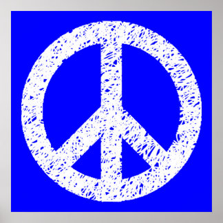 Scribble Stenciled Peace Symbol - White on Blue Poster