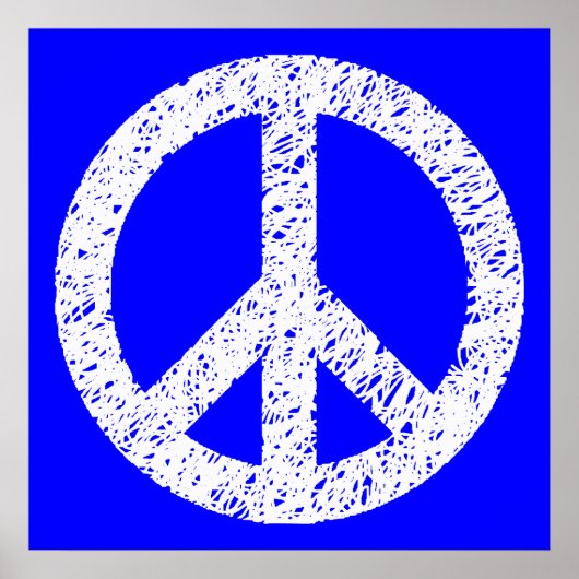 Scribble Stenciled Peace Symbol - White on Blue Poster (Vorne)