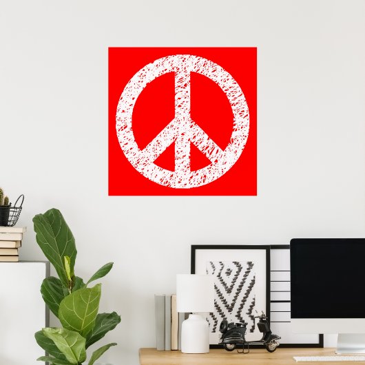 Scribble Stenciled Peace Symbol - White on Red Poster (Heimbüro)