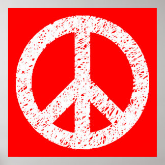 Scribble Stenciled Peace Symbol - White on Red Poster