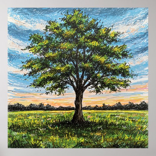 Scribbled Tree - Kunststil-Landschaft Poster (Vorne)