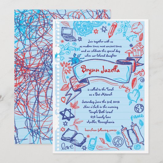 SCRIBBLES auf NOTEPAPER BAT Mitzvah Einladung (Vorne/Hinten)