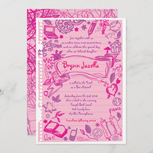 SCRIBBLES auf NOTEPAPER BAT Mitzvah Einladung (Vorne/Hinten)