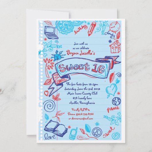 SCRIBBLES auf NOTEPAPIERE Sweet 16 Einladung (Vorderseite)