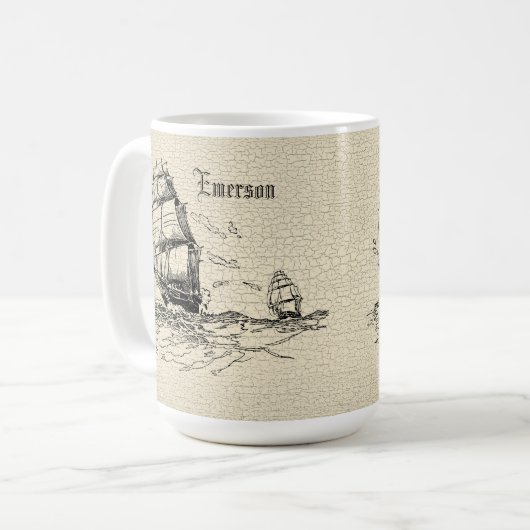 Scrimshaw Design Segelschiff Kaffeetasse (Vorderseite Links)