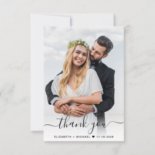 Script 2 Foto Cream Wedding Dankeskarte (Vorderseite)