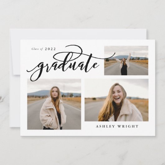 Script Abschluss Einfach 3 Foto Collage Party Einladung (Vorderseite)