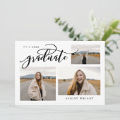 Script Abschluss Einfach 3 Foto Collage Party Einladung (Stehend Vorderseite)