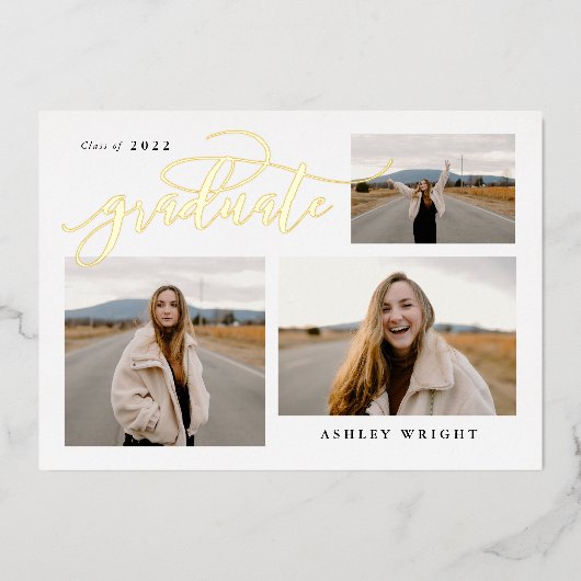 Script Abschluss Einfach 3 Foto Collage Party Folieneinladung (Vorderseite)