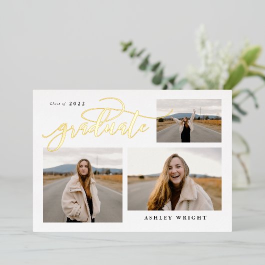 Script Abschluss Einfach 3 Foto Collage Party Folieneinladung (Stehend vorne)