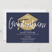 Script Abschluss Navy Blue und Gold Grad Party Einladung (Vorderseite)