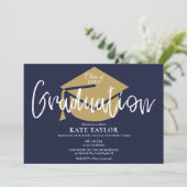 Script Abschluss Navy Blue und Gold Grad Party Einladung (Stehend Vorderseite)