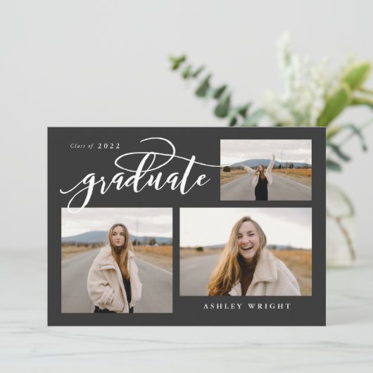 Script Abschluss Simple 3 Foto Collage Party Inv Einladung (Stehend Vorderseite)