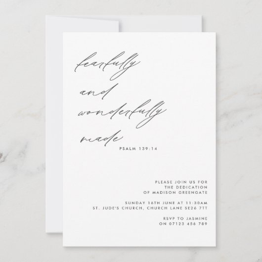 Script ängstlich und wunderbar gemacht Dedication Einladung (Vorderseite)