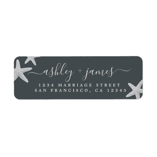 Script Beach Starfish Black Wedding Rücksendeadres (Vorne)