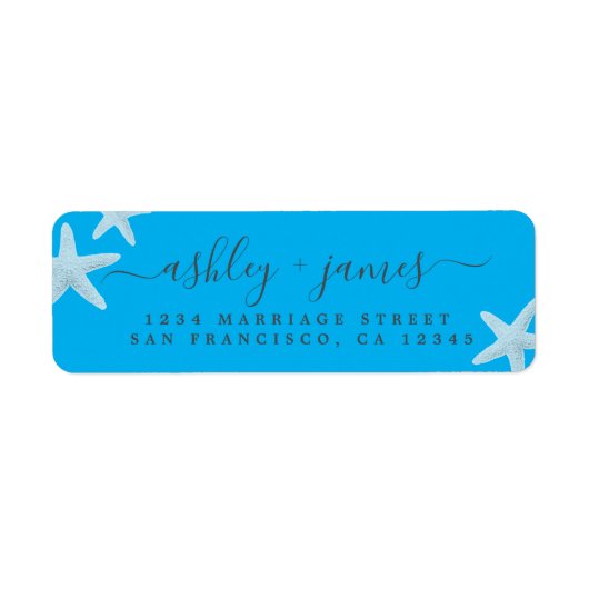 Script Beach Starfish Blue Wedding Rücksendeadress (Vorne)