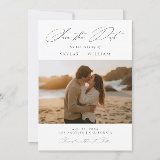 Script Beach Sunset Foto Hochzeit Save The Date (Vorderseite)
