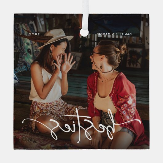 Script Bestie Foto Keepake-Geschenk Ornament Aus Glas (Rückseite)