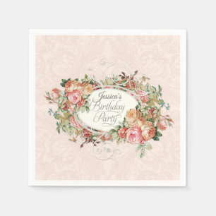 Script Birthday Party Vintag Blush Floral Bouquet Serviette