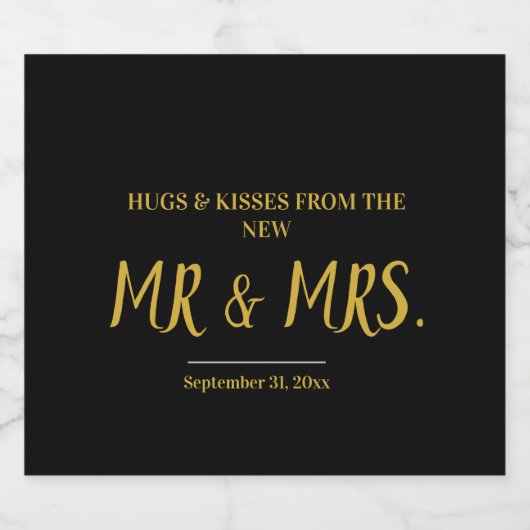 Script Black and Gold Elegant Mr & Mrs. Wedding Alkoholflaschenetikett (Einzelnes Label)
